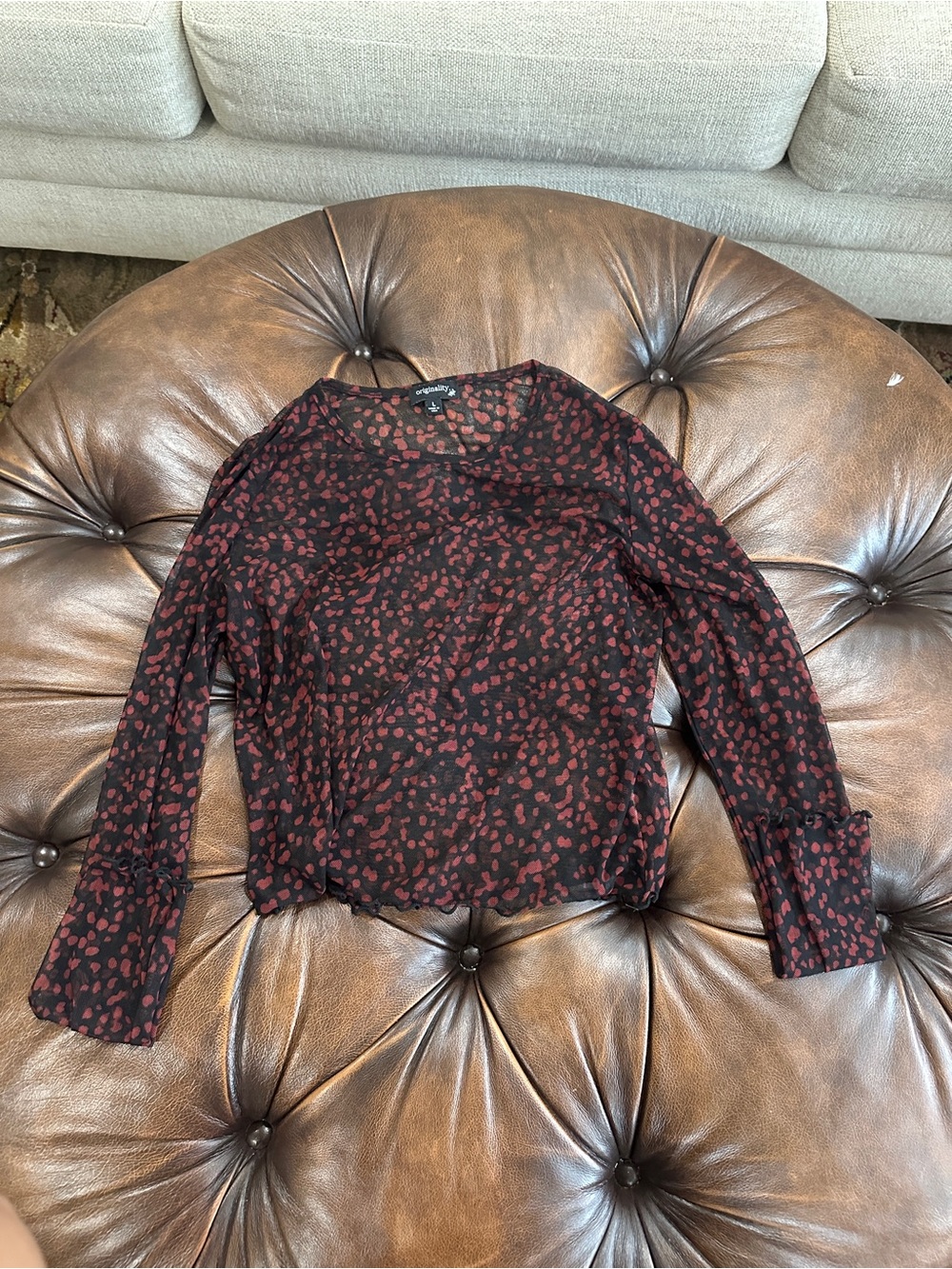Black & Burgundy Printed Long-Sleeve mesh Blouse